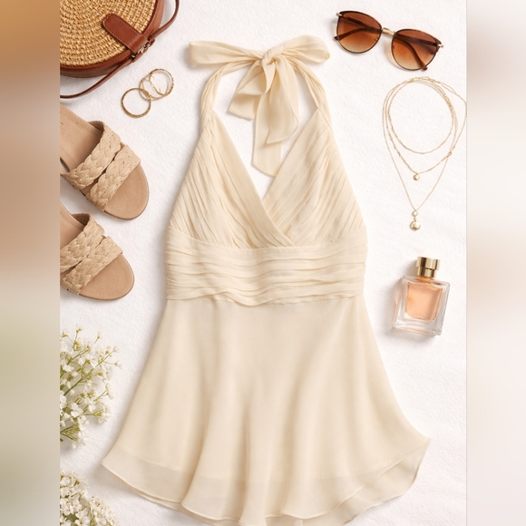 BCBGMaxAzria Tops - BCBG Max Azria 100% Silk Halter Top Cream Pleated Chiffon Tie Neck Flowy Blouse